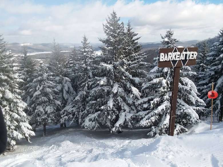 top of the mountain with Barkeater trail sign